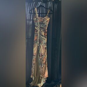 Terani Couture Multicolor Beaded Feather-Print Prom Gown